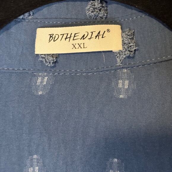 Bothenial XXL Button Down Shirt Chiffon Blouse Gray Blue Puff Polka Round Hem - Picture 4 of 8